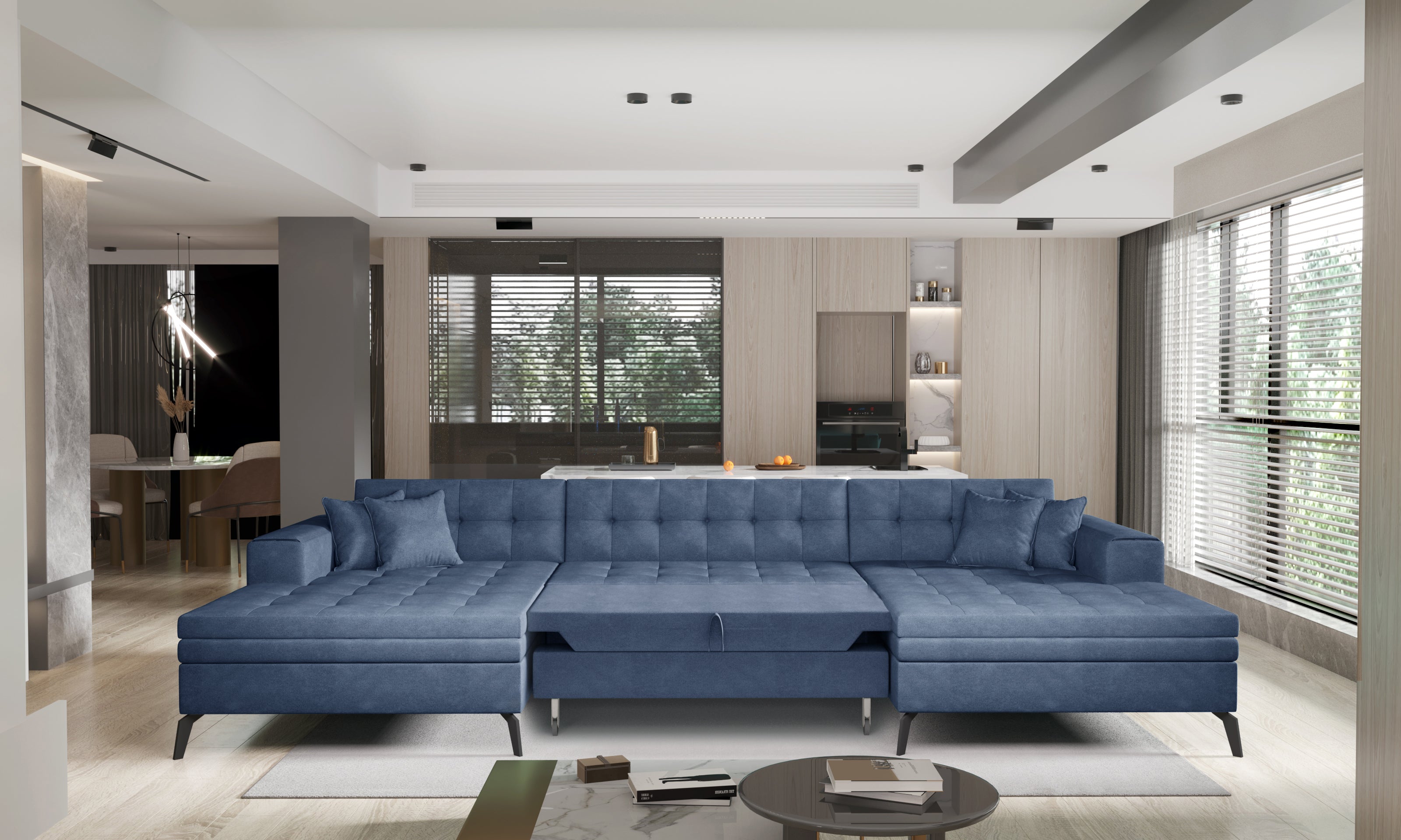 Sofá cama en forma de U modelo vertizo color azul marino