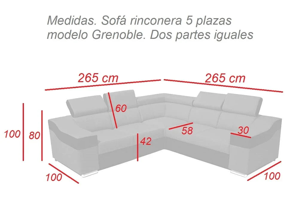 Sofá rinconera con altos reposacabezas y respaldos reversible 5 plazas – Eva color GRIS CLARO/NEGRO