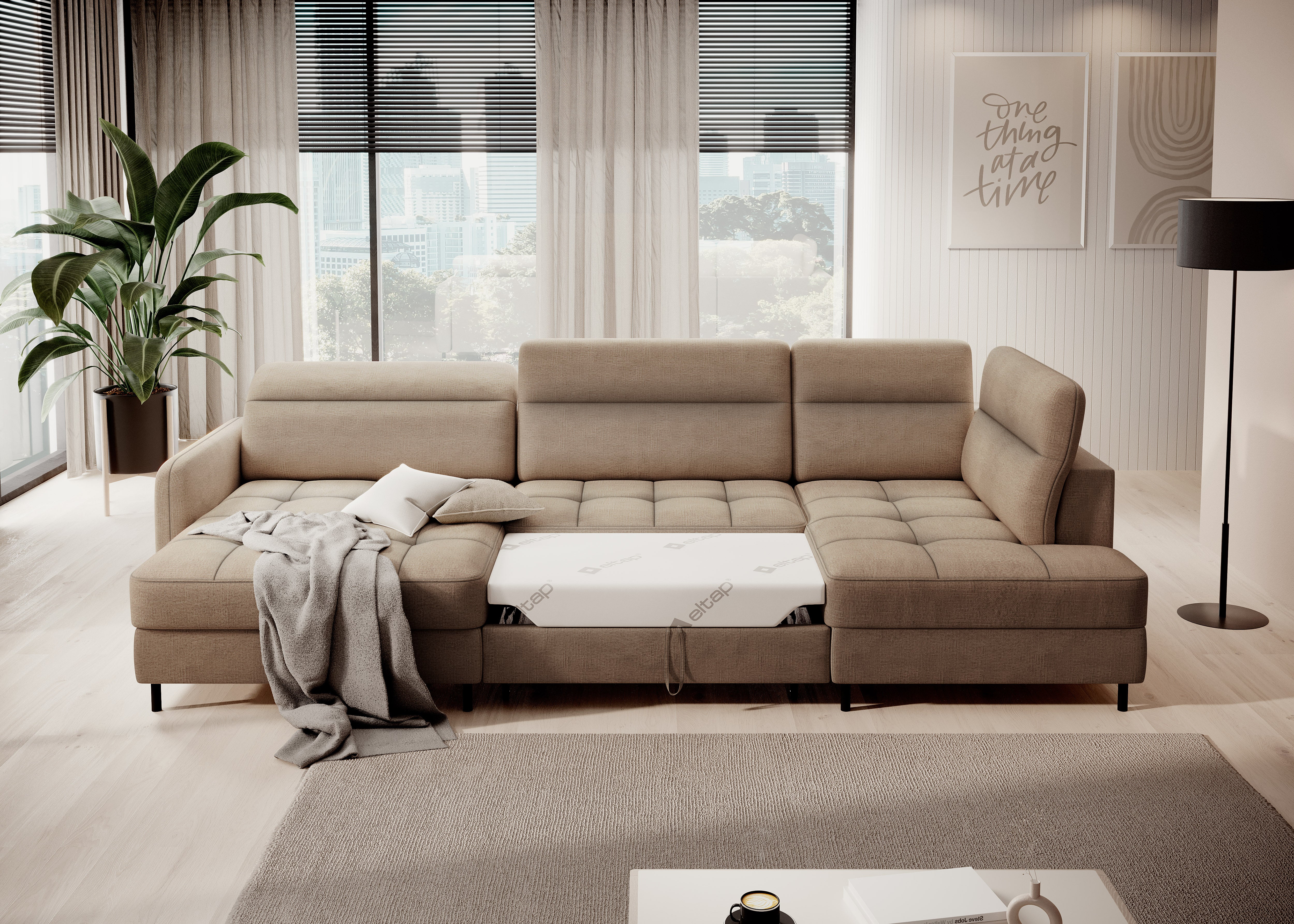 Sofá en U moderno (2 chaiselongs) con cama y arcón – BERRTO