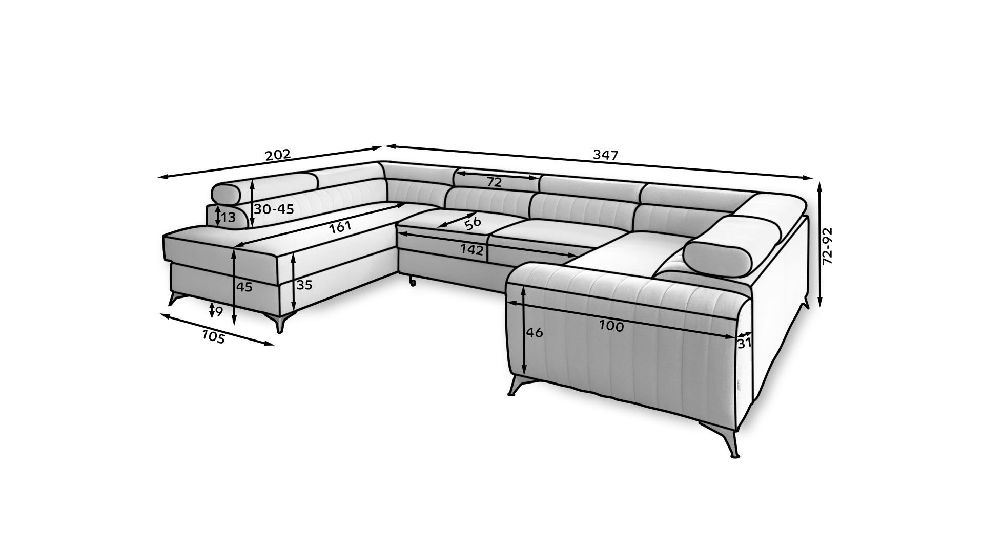 Sofá en U moderno (2 chaiselongs) con cama y arcón - Luis OFERTA GRIS