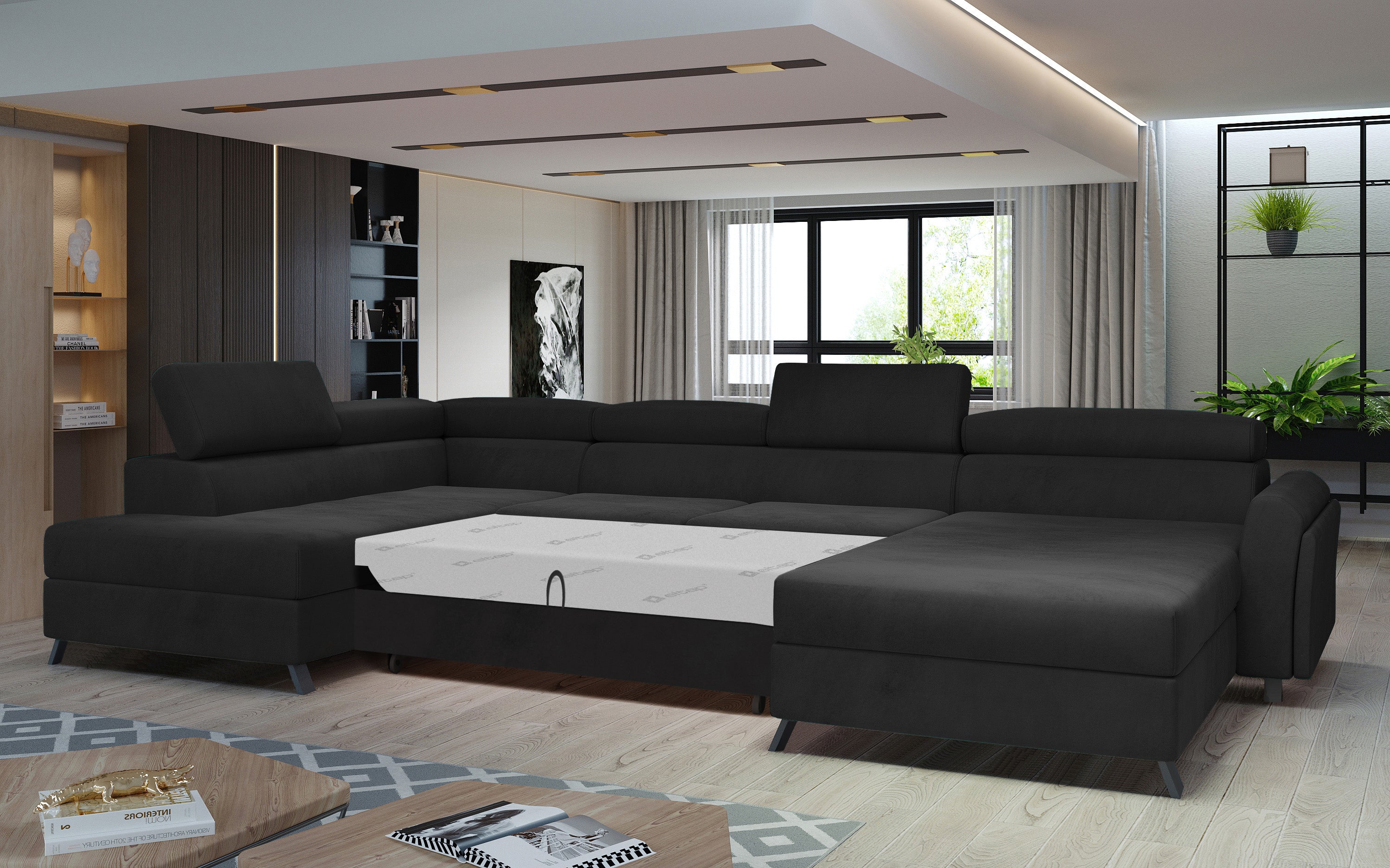 Sofa U + cama+arcon 360x200 - Josette OFERTA, negro