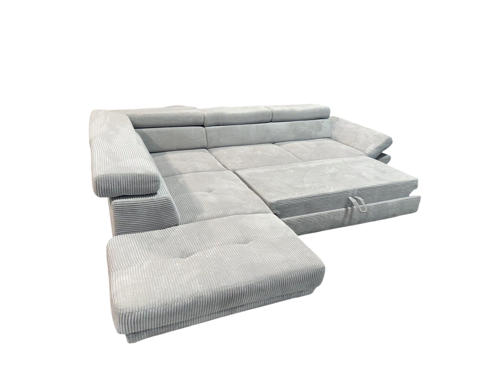 Sofá cama rinconera con arcón - Cary, gris claro, 275x130