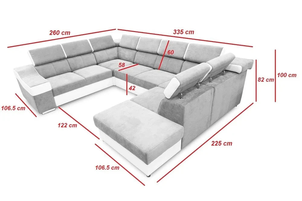 Sofá en forma de U - Ángela. Cama extraíble y reposacabezas reclinables. 7 plazas, Gris oscuro/Blanco