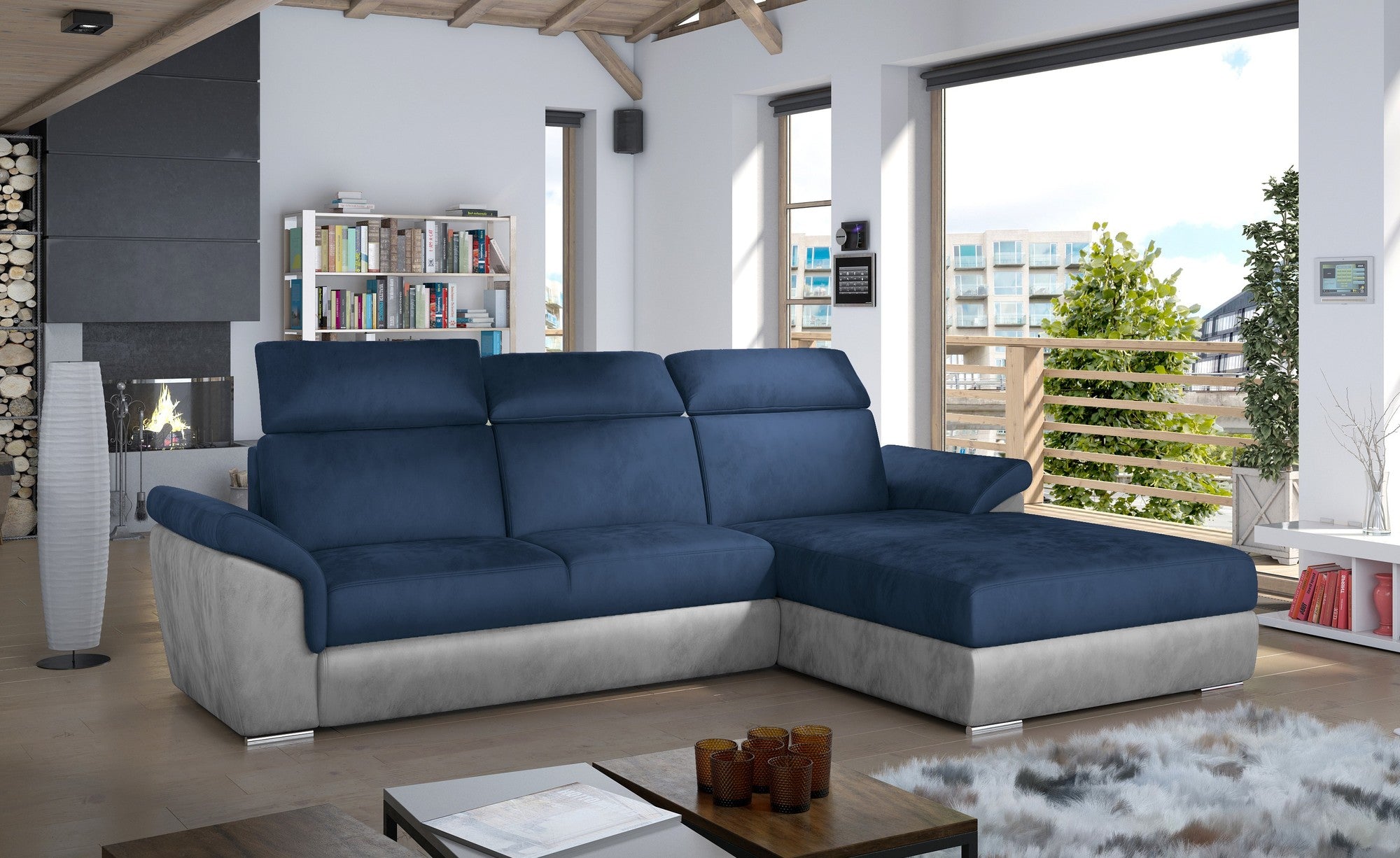 Sofa cama+arcon - Trevisco, azul/gris, OFERTA