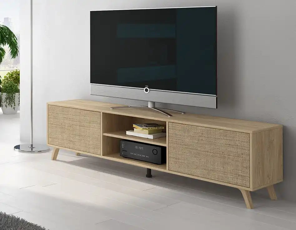 Mueble TV moderno con patas altas inclinadas, 180 cm – Soto