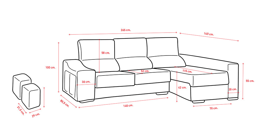 Sofá chaise longue, asientos extraíbles, cabezales abatibles, 2 pufs - LUCIA