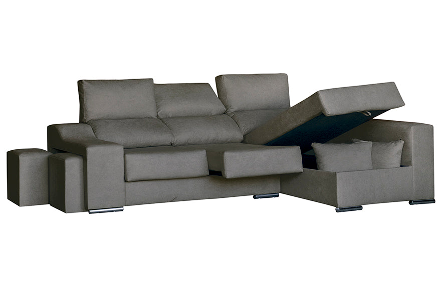 Sofá chaise longue, asientos extraíbles, cabezales abatibles, 2 pufs - LUCIA