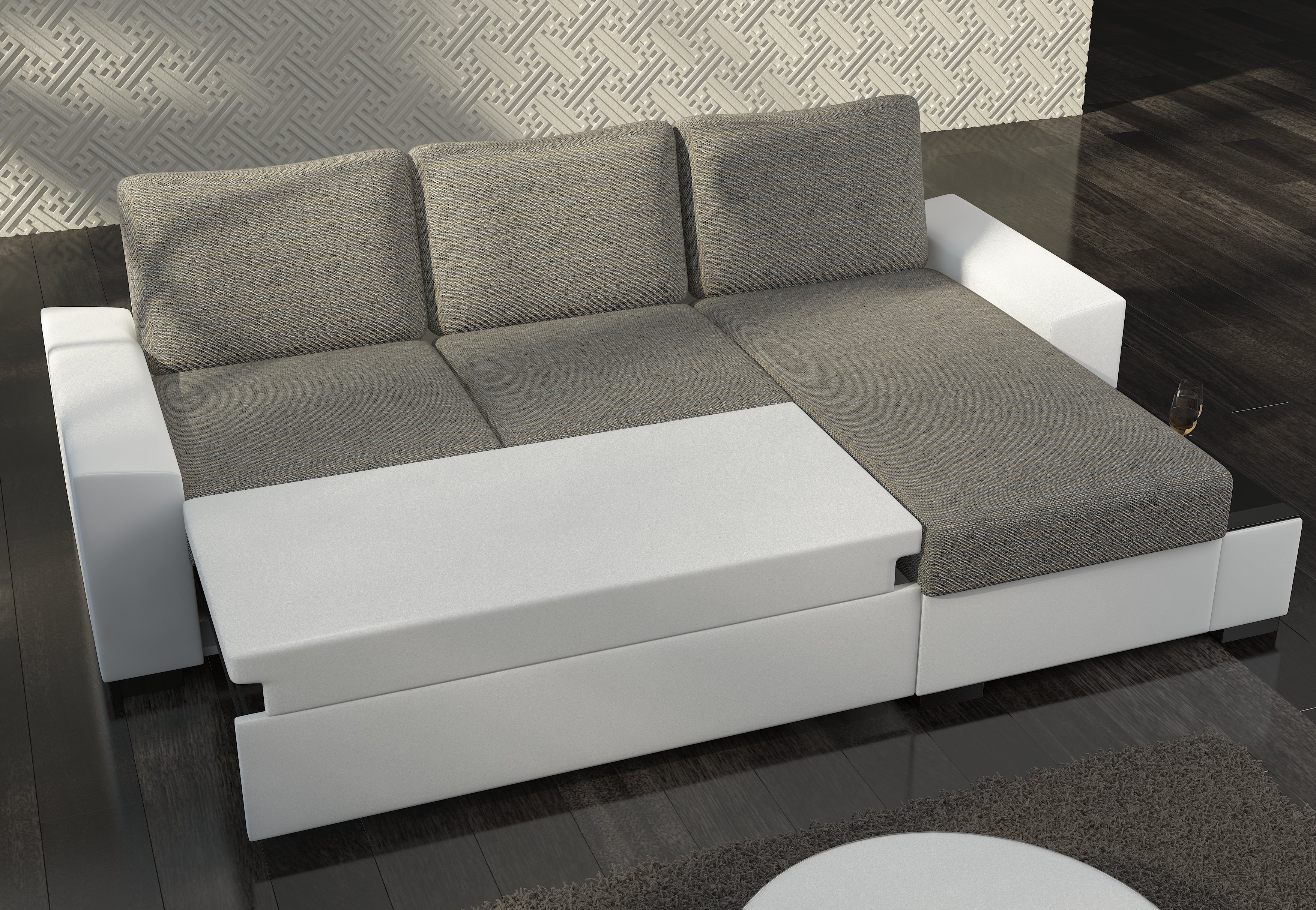 Sofa cama - NEGRO - color beige/blanco - tela y polipiel/derecha