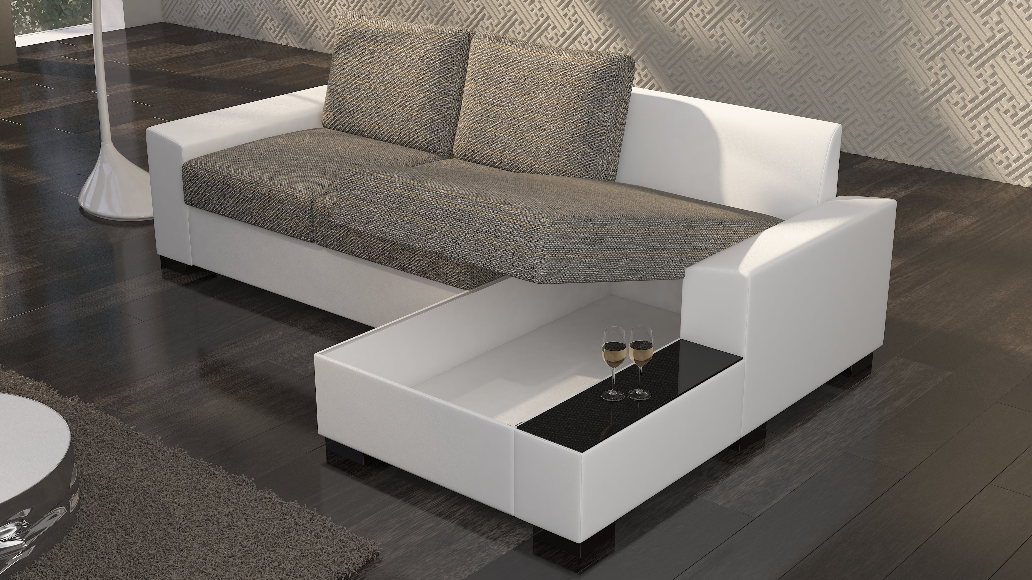 Sofa cama - NEGRO - color beige/blanco - tela y polipiel/derecha