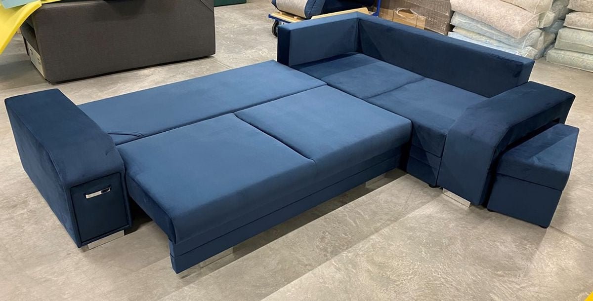 Sofá rinconera con puf, cama y 2 arcones – Alvares OFERTA, azul, marrón