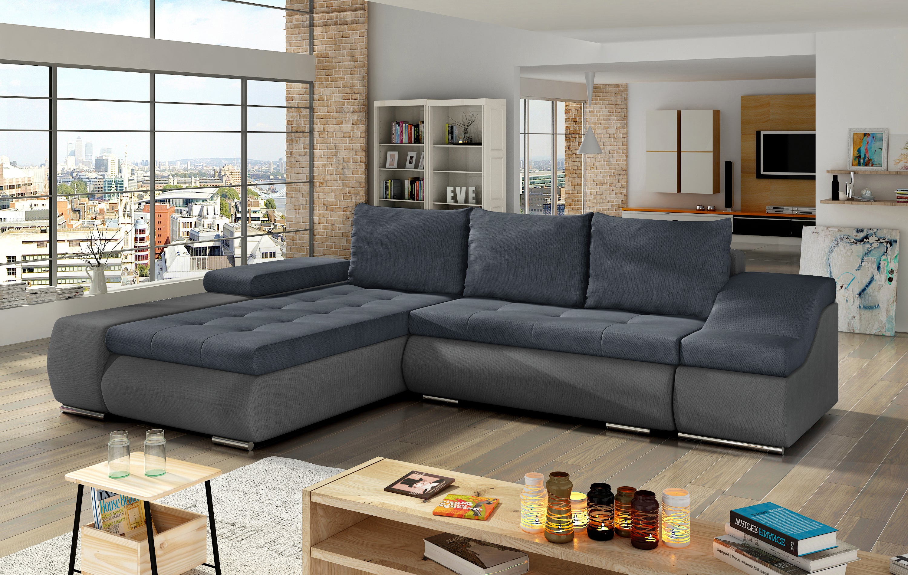 Sofa cama Ontario OFERTA color azui/gris izquierda