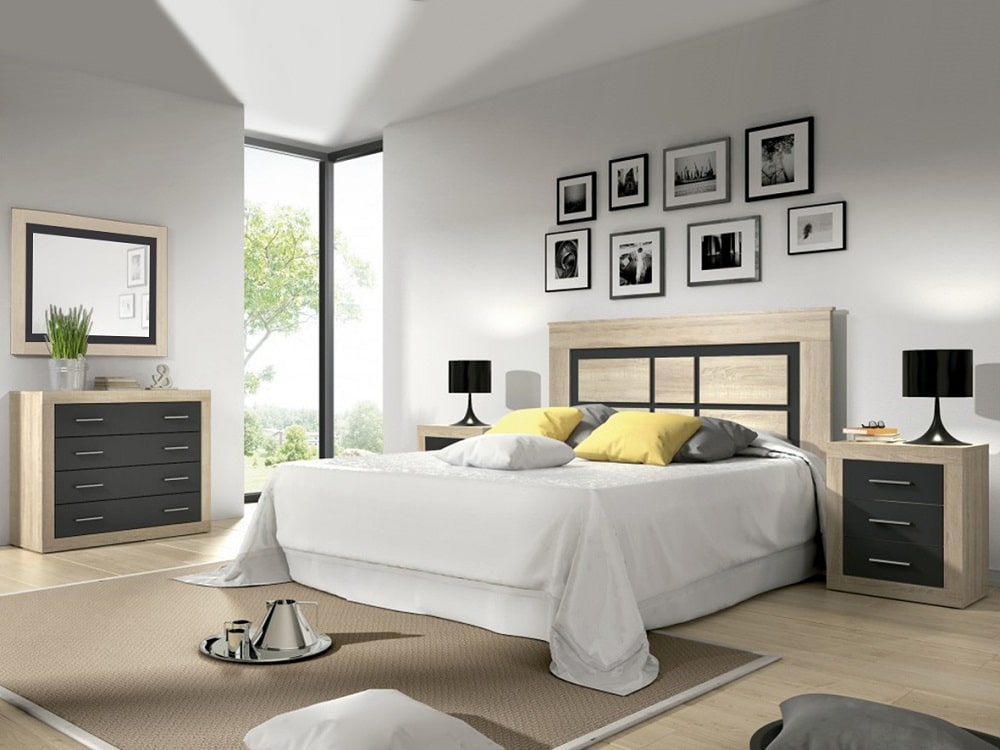 Conjunto de dormitorio moderno: cabecero, 2 mesitas, cómoda, espejo – Lara 01