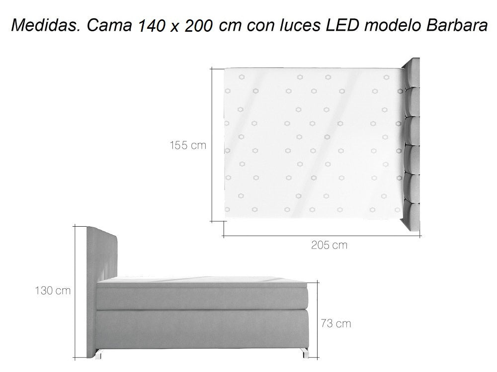 Cama con luces LEDs, tapizada, con arcones, colchón, cabecero y topper – Basilio