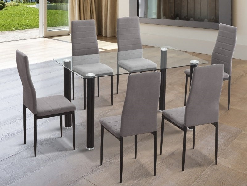 Menjador: taula rectangular amb tapa de vidre i 6 cadires – YURI