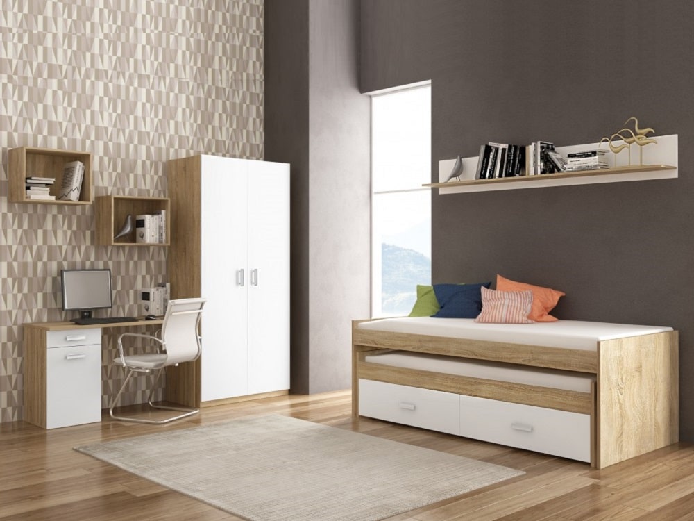 Dormitorio individual: cama nido compacta, armario, escritorio, 3 estantes – Champion 05