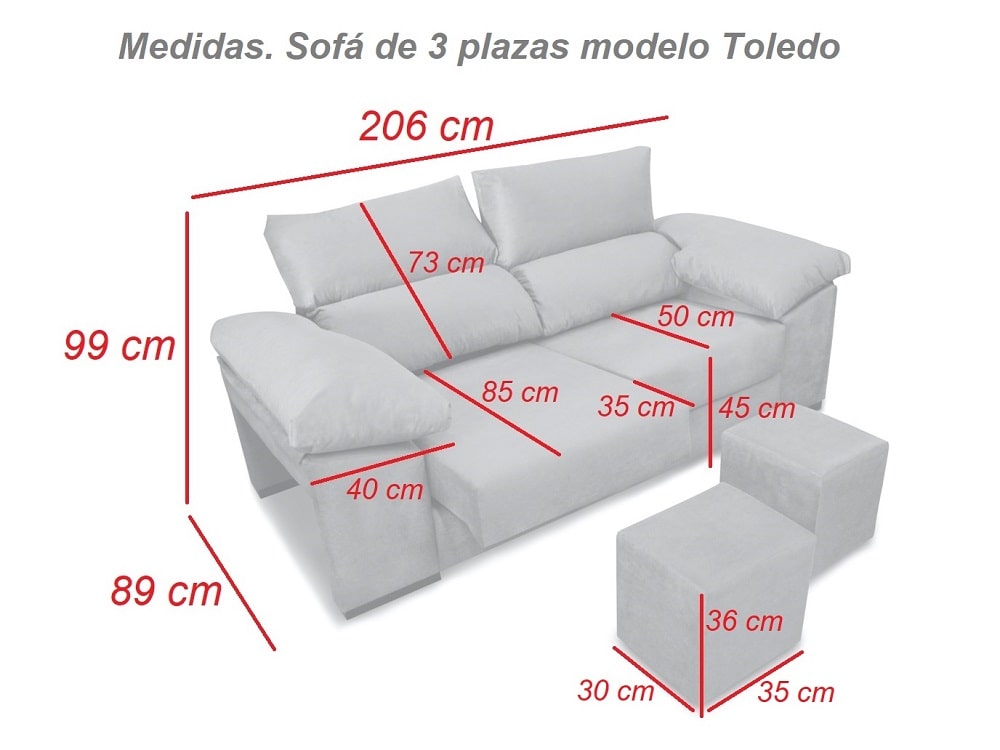 Sofá 3 plazas con asientos deslizantes, respaldos reclinables, 2 pufs – Toledo