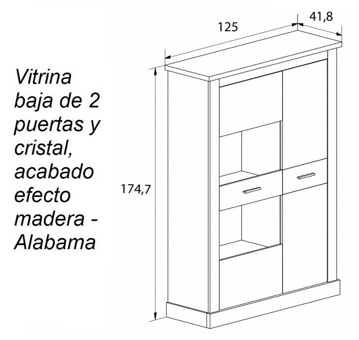 Vitrina baixa com 2 portas e vidro, acabamento efeito madeira - Chellen