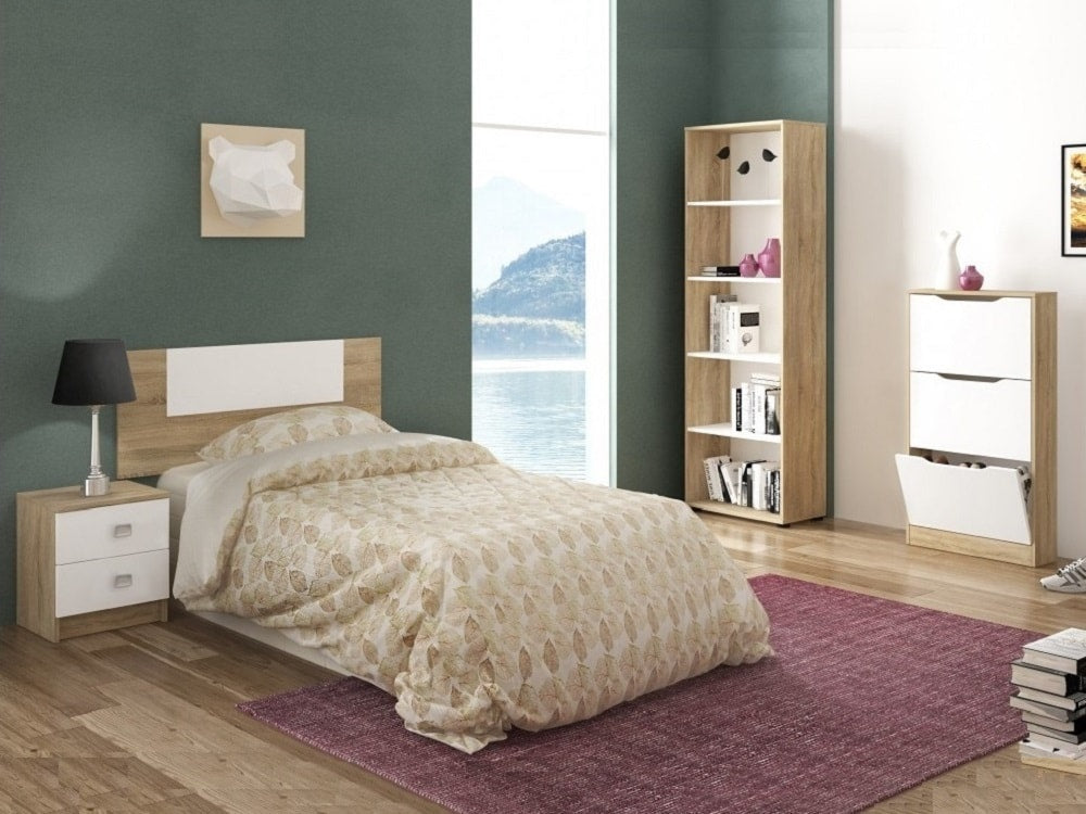 Dormitorio individual: cabecero de cama, mesa de noche, librería, zapatero – Champion  09