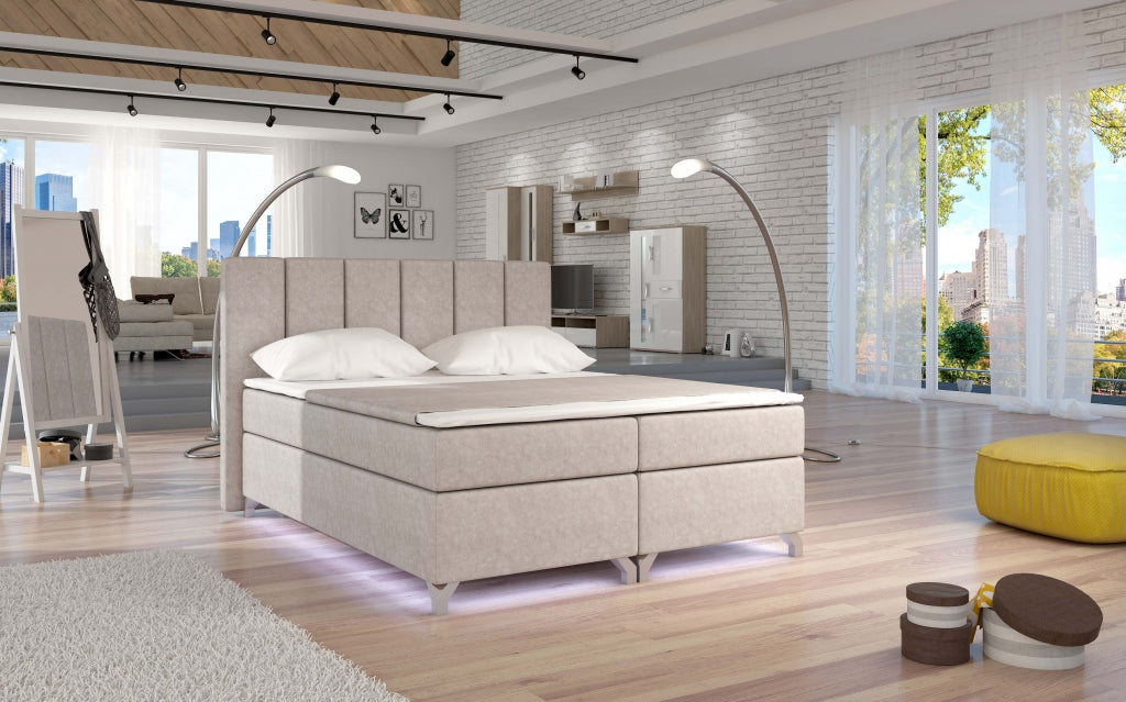 Cama con luces LEDs, tapizada, con arcones, colchón, cabecero y topper – Basilio
