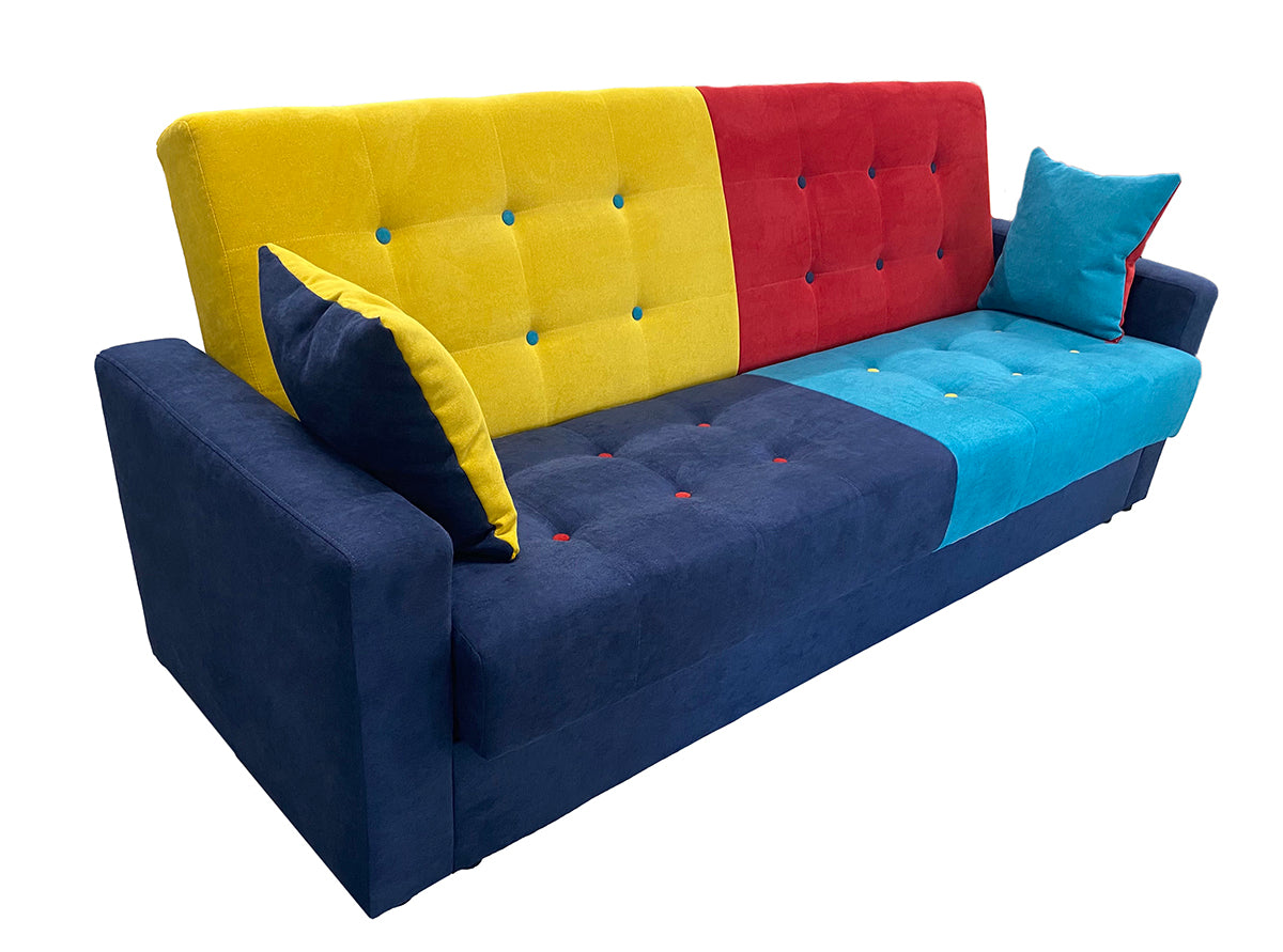 Sofá cama estofado em tecido quadricolor – Arte 