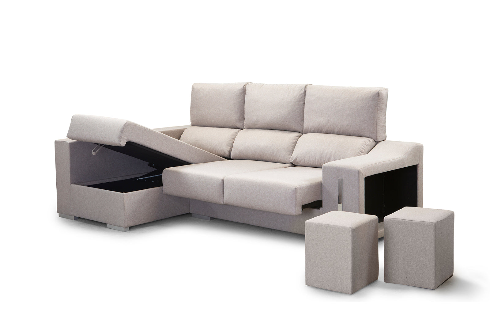 Sofa chaise longue con arcón, asientos deslizantes y respaldos reclinables + 2 taburetes - Biarritzi