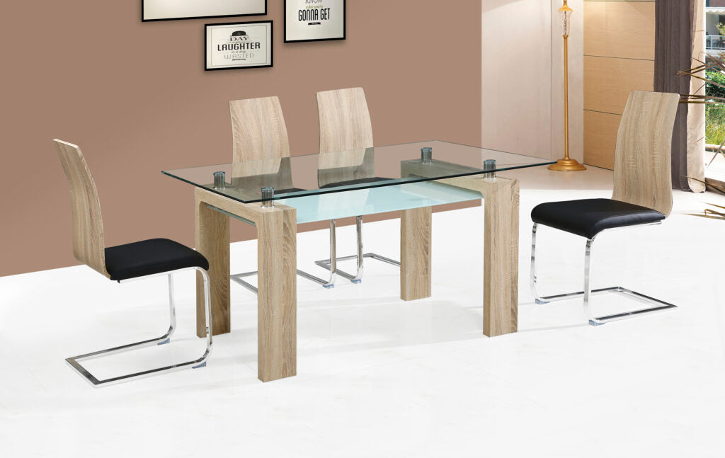 Mesa de jantar fixa com tampo de vidro e pés de madeira - SENSEI