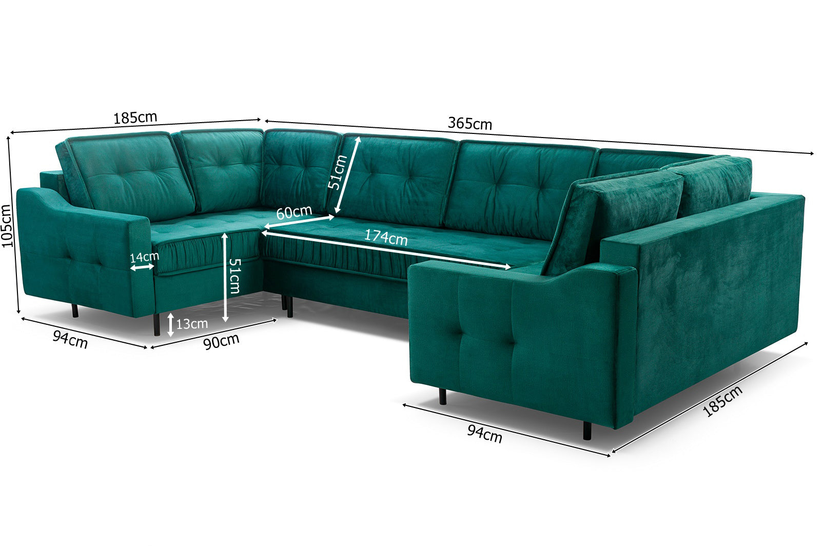 Medidas para sofá en forma de U color verde esmeralda
