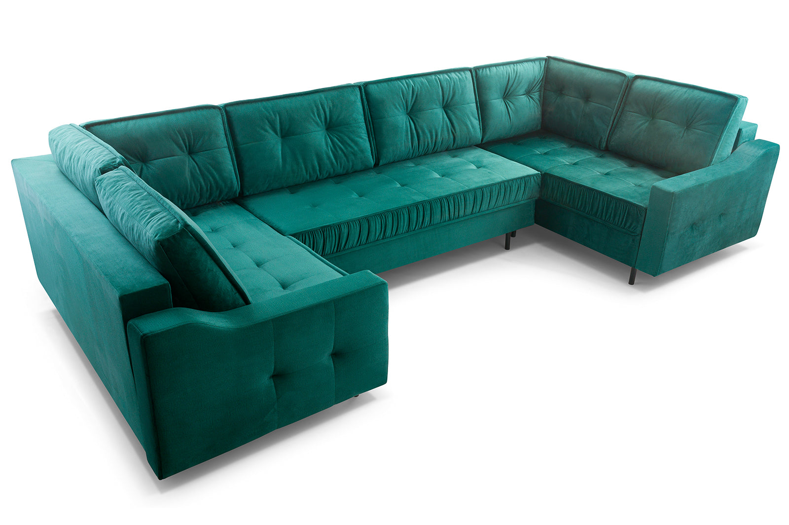 Visto desde arriba, sofá en U color verde esmeralda