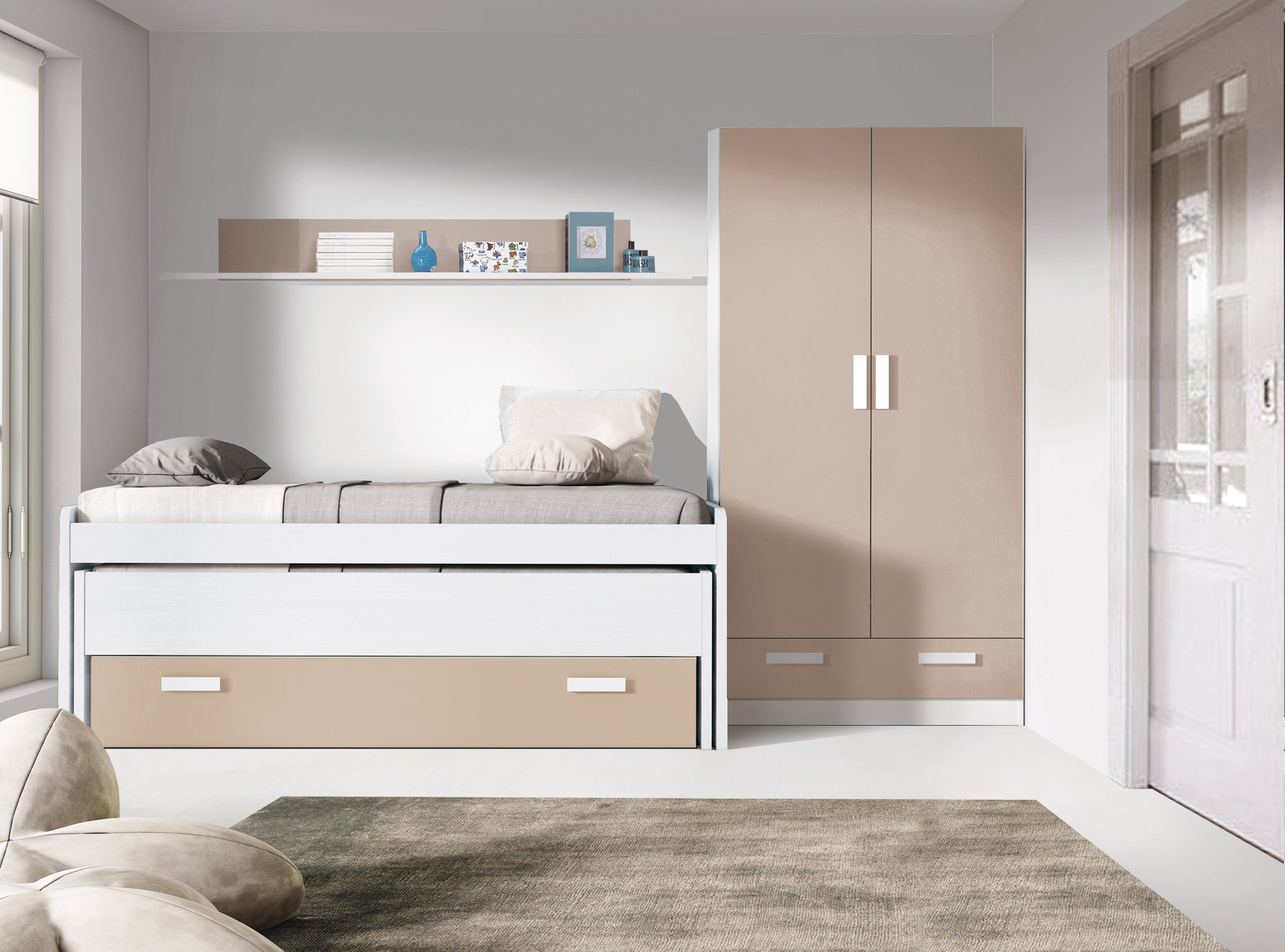 Dormitorio juvenil: cama compacta, armario, escritorio, estanterías - Luddo  20 - Don Baraton: tienda de sofás, colchones y muebles