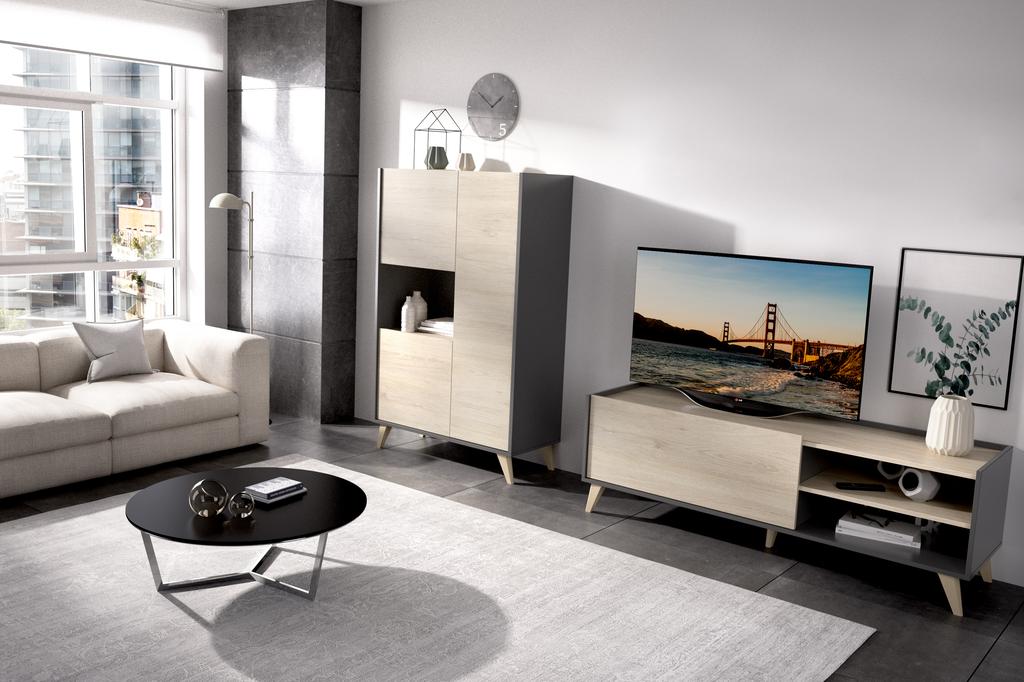 Composición mueble salón con bajo TV, estante, apilable y mesa centro