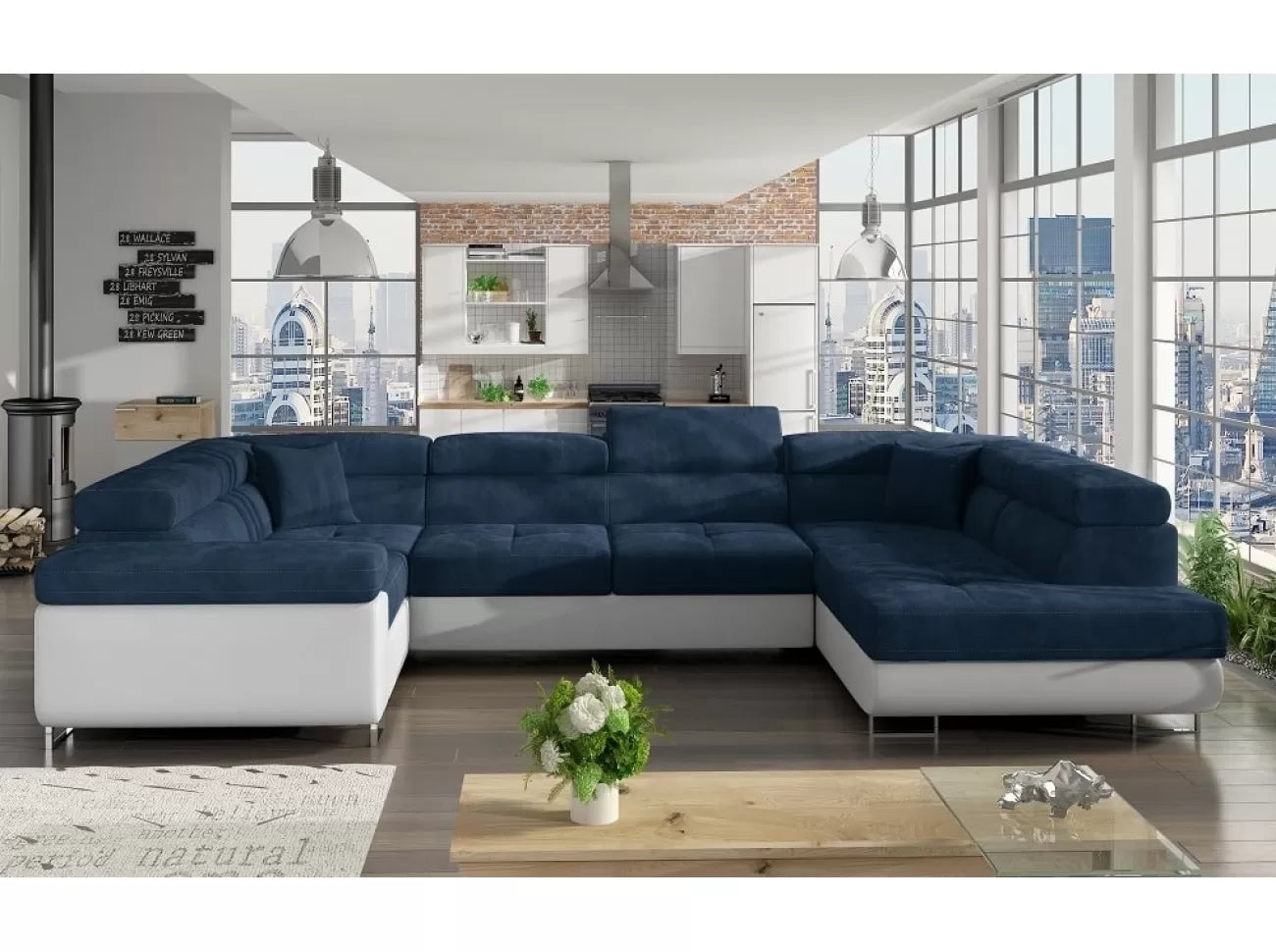 Sofá moderno em forma de U (2 chaiselongs) com cama e baú – Letto