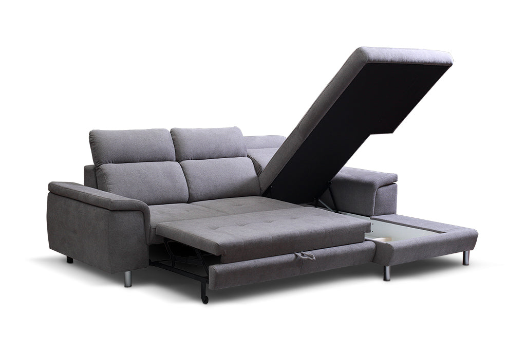 Sofa chaise longue con arcón, asientos deslizantes y respaldos reclinables  + 2 taburetes - Biarritzi