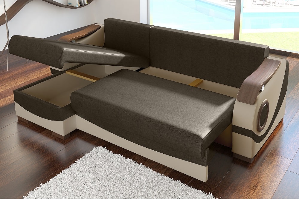 Sofà chaise longue llit amb recolzabraços de fusta – Port