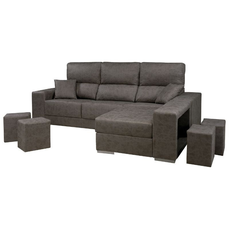 Sofá chaise longue reversible, asientos extraíbles, respaldos reclinables, 4 taburetes – Lidia