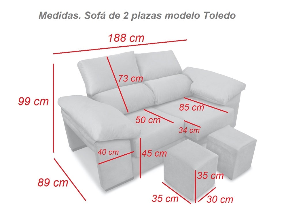 Sofà 2 places amb seients lliscants, respatllers reclinables, 2 pufs – Toledo