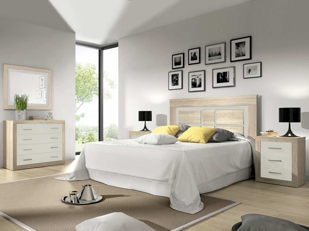 Conjunto de dormitorio moderno: cabecero, 2 mesitas, cómoda, espejo – Lara 01