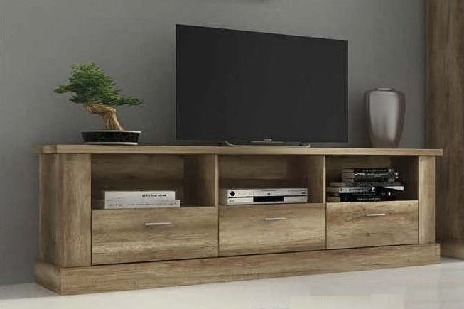 Sota TV gran amb 3 calaixos, efecte fusta, 180 cm – Chellen