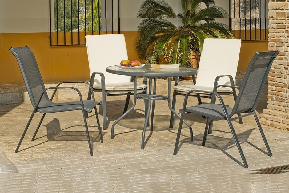 Joc de menjador de jardí, gris, taula rodona 90 cm + 4 cadires, acer Dominica
