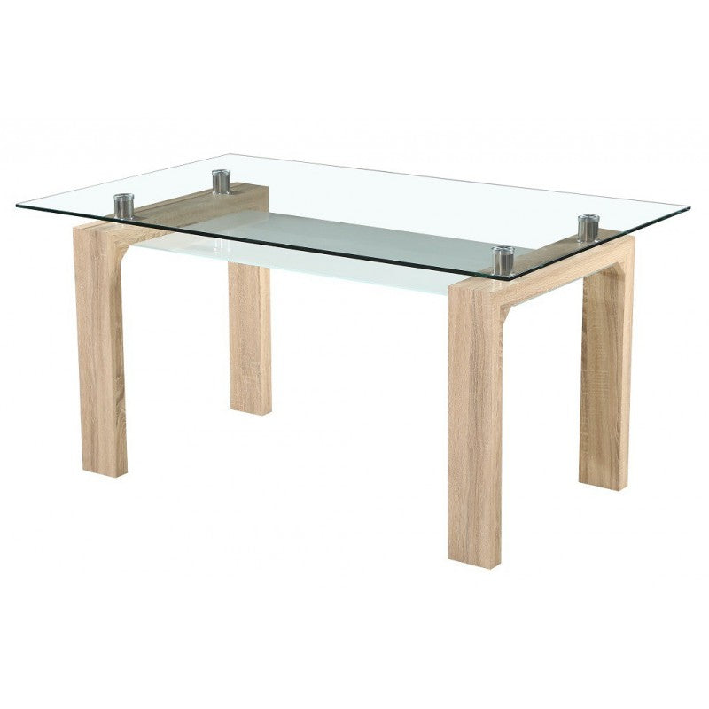 Mesa de jantar fixa com tampo de vidro e pés de madeira - SENSEI