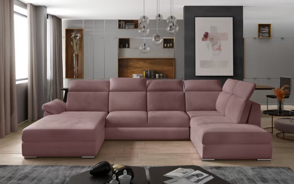 Sofá moderno em forma de U (2 chaiselongs) com cama e baú - Evanell 