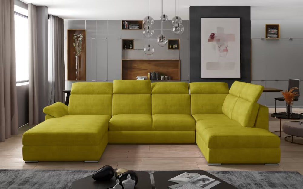 Sofá moderno em forma de U (2 chaiselongs) com cama e baú - Evanell 